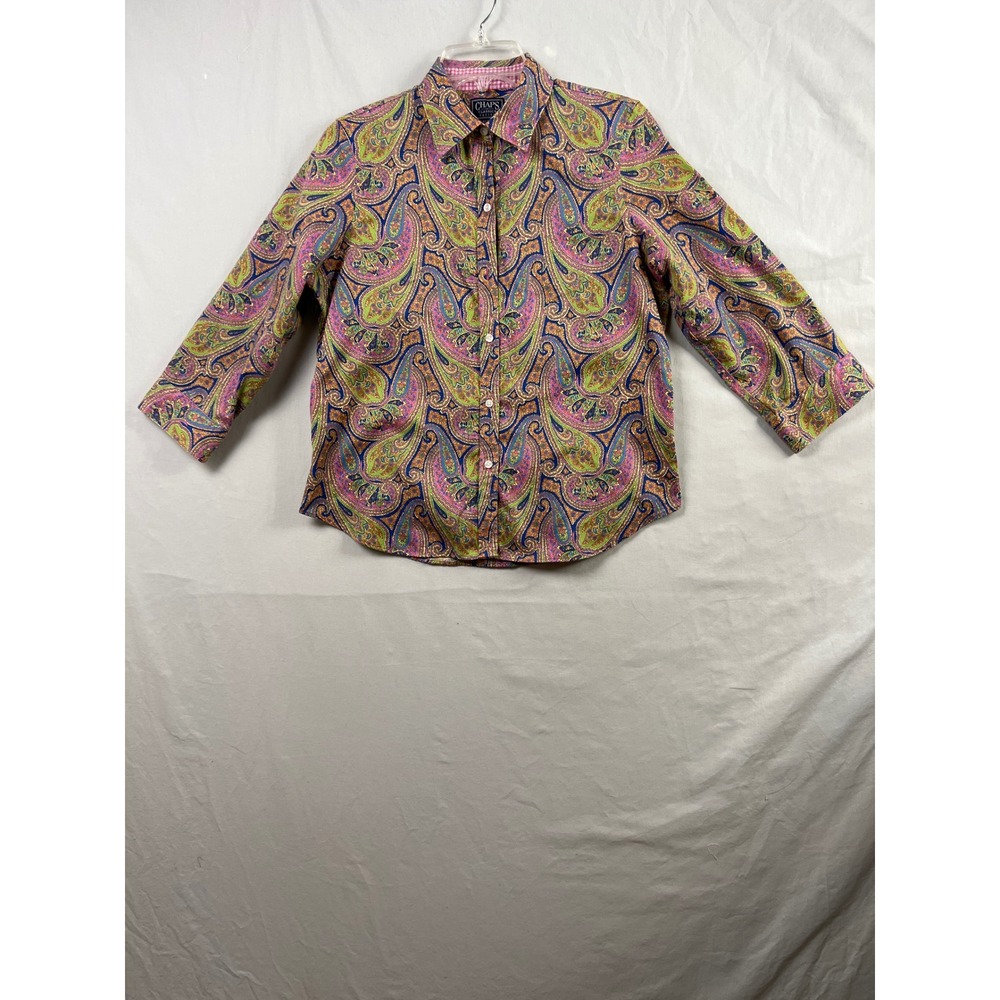 Chaps Button Down Shirt Women Large Petite Multi Paisley No Iron 3/4 Sleeve Top